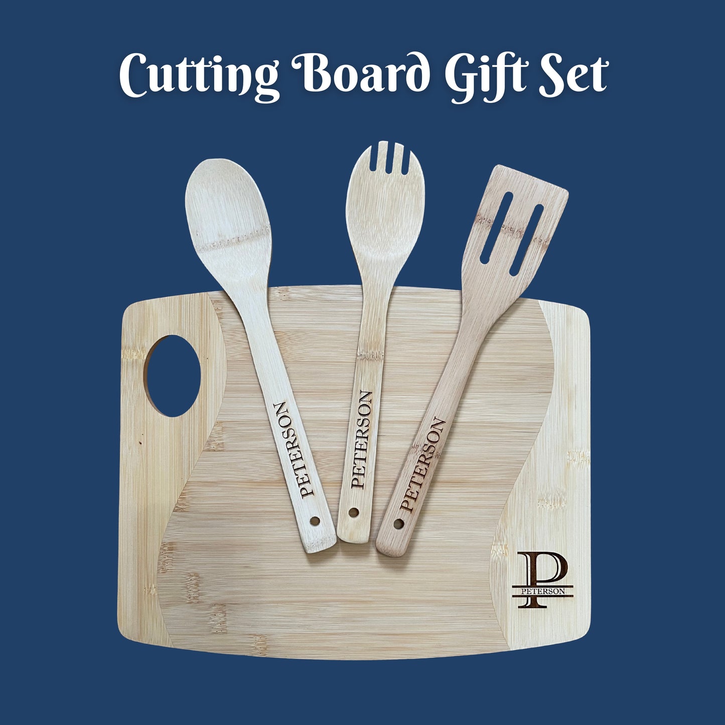 Personalized Bamboo Cutting Board & Utensils Gift Set