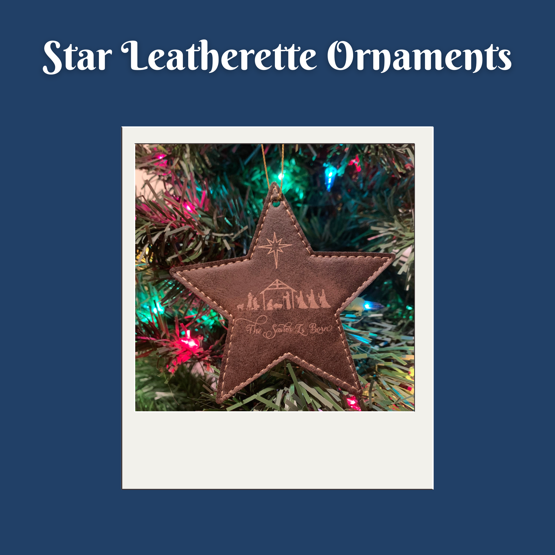 Star leatherette ornament on a Christmas tree with colorful lights
