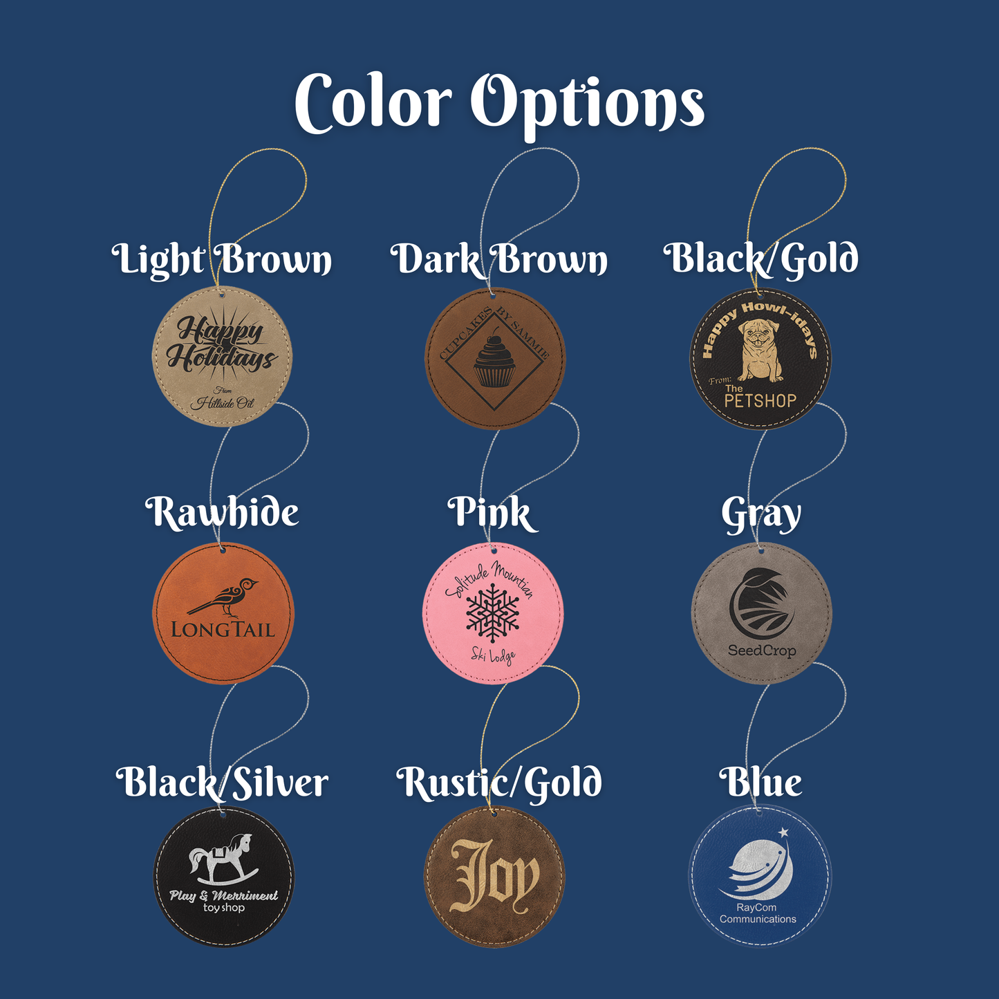 Color options for round ornaments displayed on a blue background