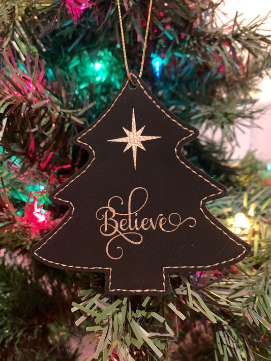 Believe Tree Shaped Leatherette Ornament with Star - Christmas Decoration
