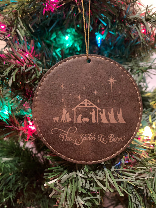 Round Savior is Born Leatherette Ornament